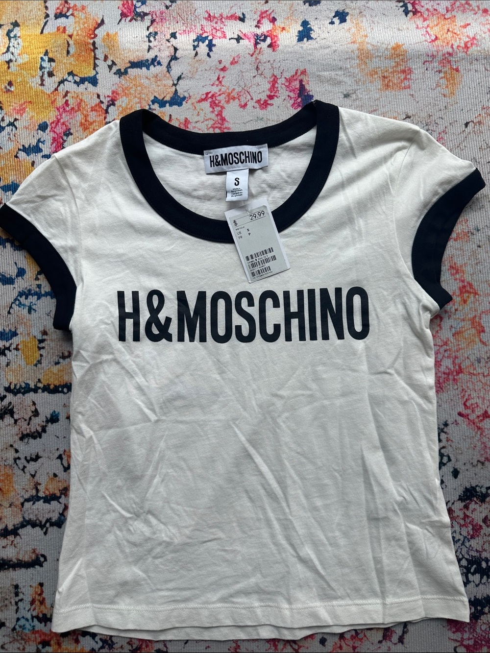 H&Moschino Women's White Tee with Black Trim and Logo